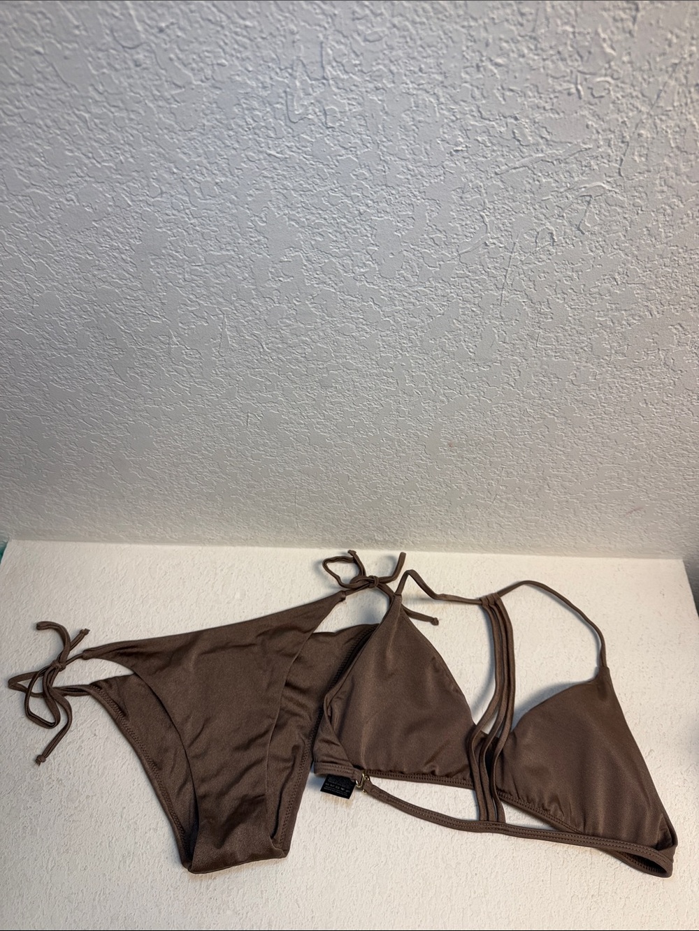 NEW Plumeria Chocolate Brown shimmer Triangle String Bikini Set L